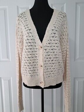 Moon & Madison 100% Cotton Open Knit Cardigan Sweater Large Cream Cottagecore